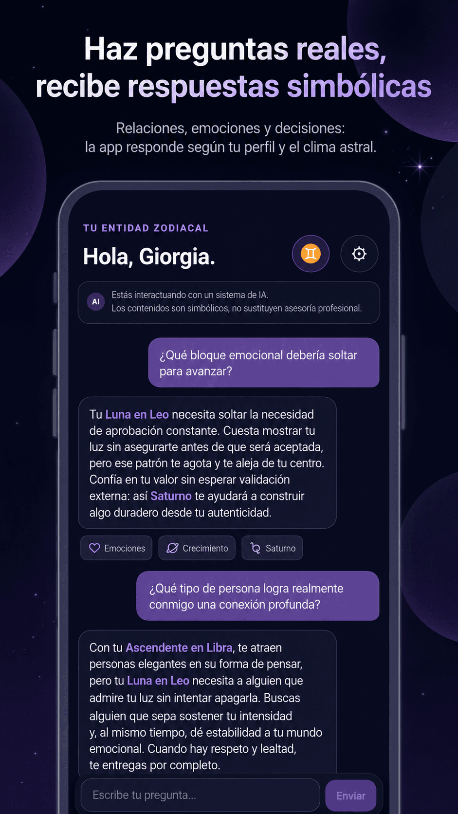 Chat astrológico con IA para preguntas personales