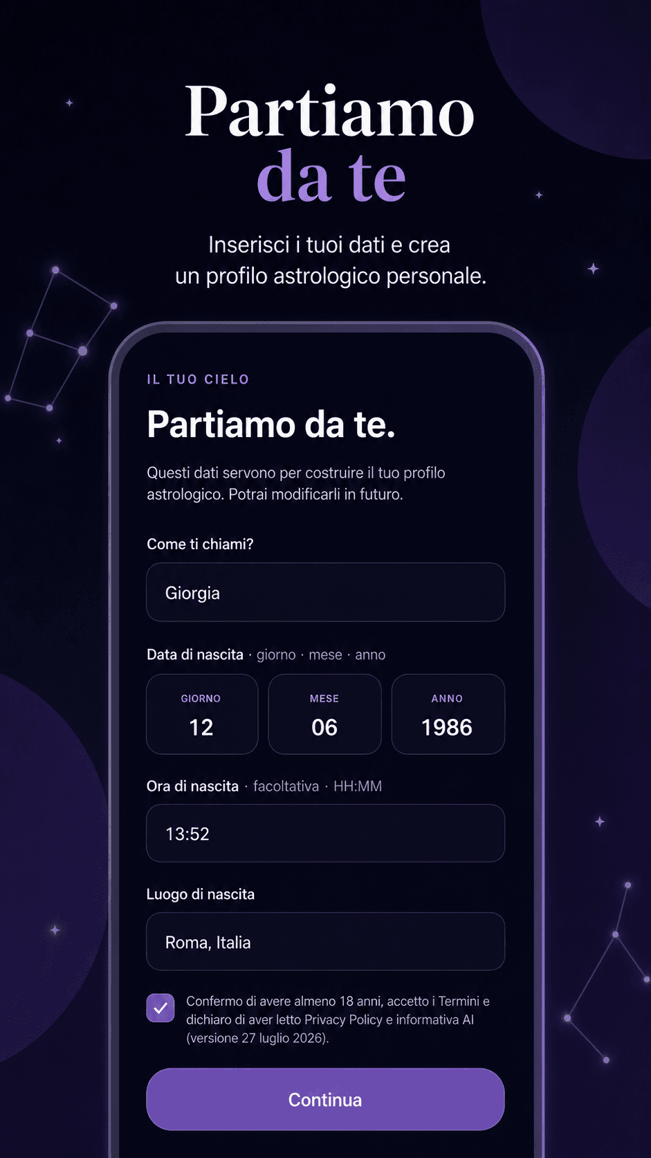 Profilo astrologico personale basato sulla carta natale