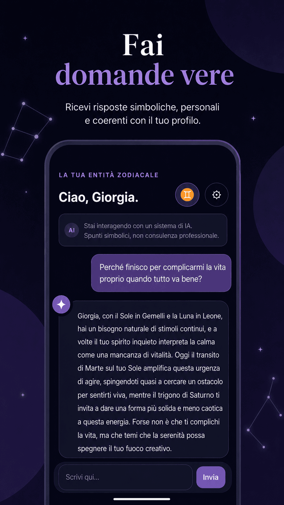 Chat astrologica con AI per domande personali